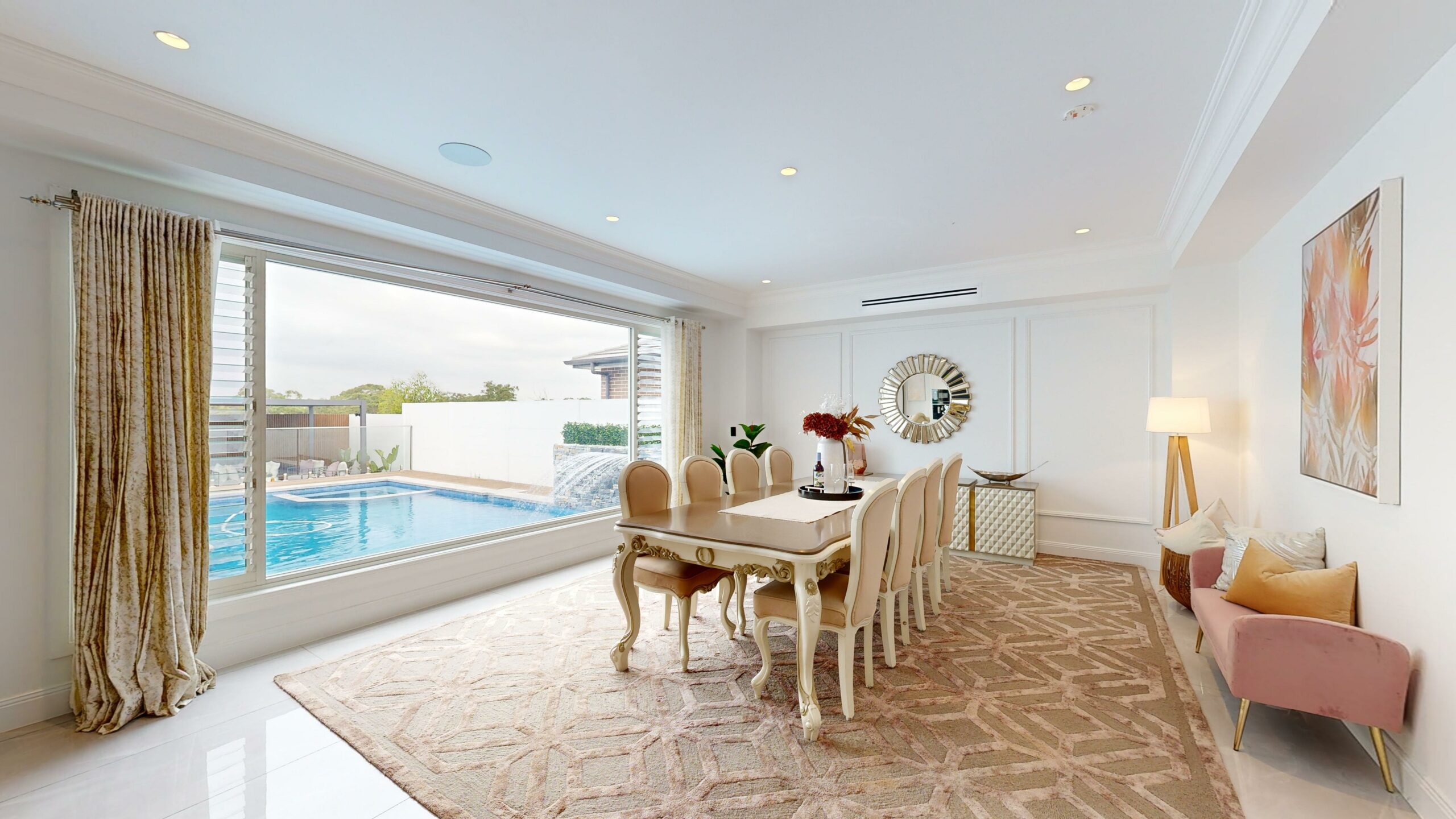 dining area with a view of the pool